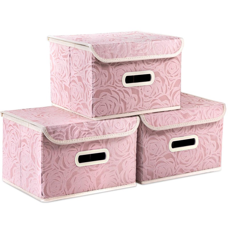 PRANDOM Collapsible Storage Boxes with Lids Fabric Decorative Storage Bins Cubes Organizer Containers Baskets with Cover Handles Divider for Bedroom Closet Living Room 9.8x7.9x6.7 Inch 3 Pack - Image 1